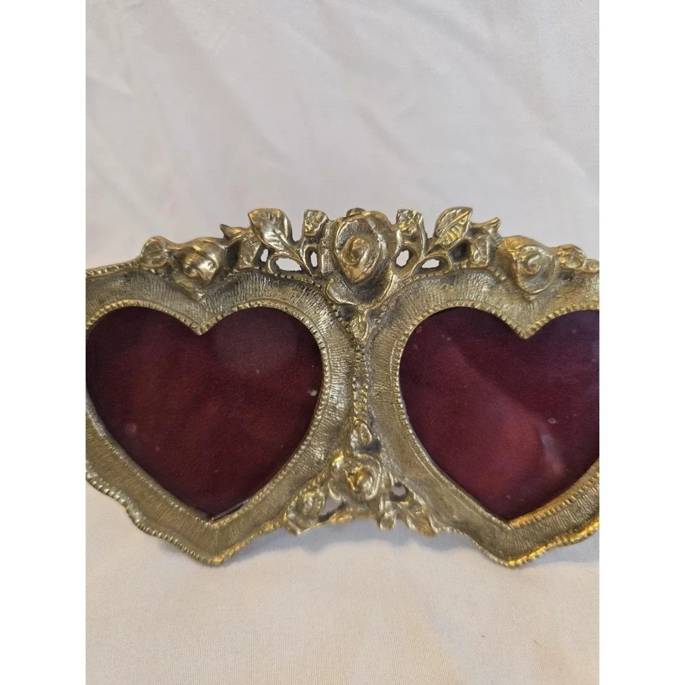 Solid Brass Ornate Double Heart Picture Frame With Roses Decorative Decor